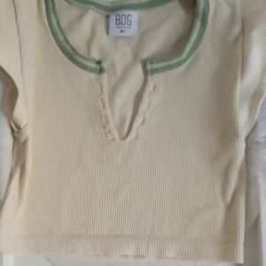 BDG Cream and Green Long Sleeve Henley Tee